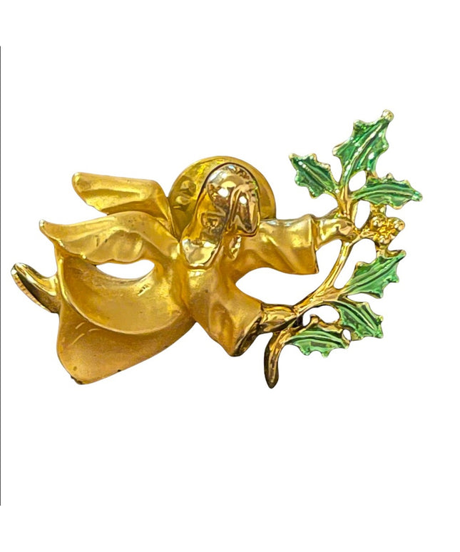 Antiqued gold enameled angel pin brooch christmas