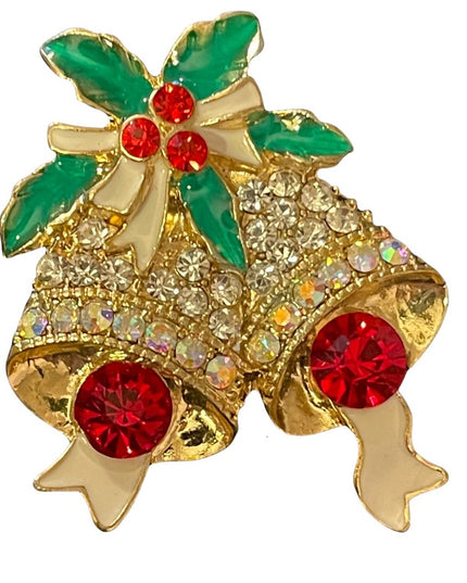 Gold Enameled crystal rhinestone bells christmas brooch