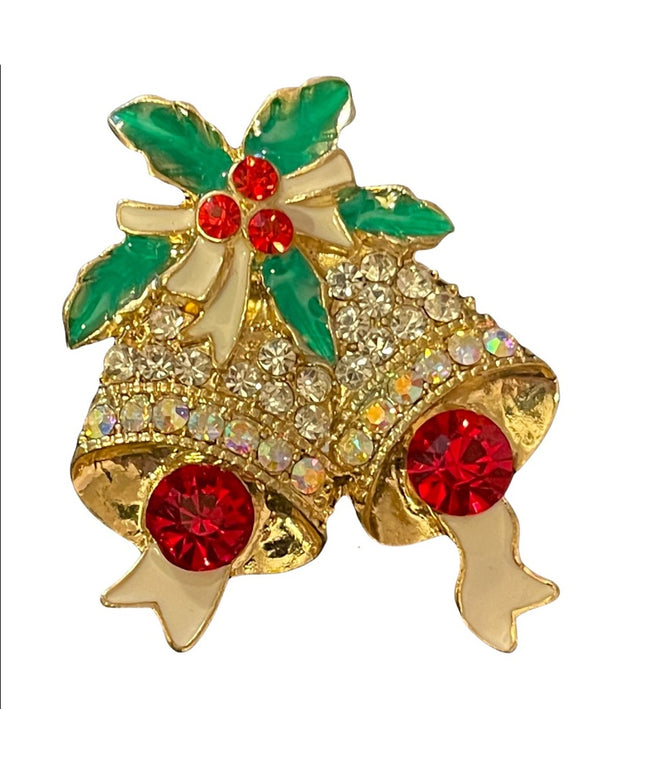 Gold Enameled crystal rhinestone bells christmas brooch