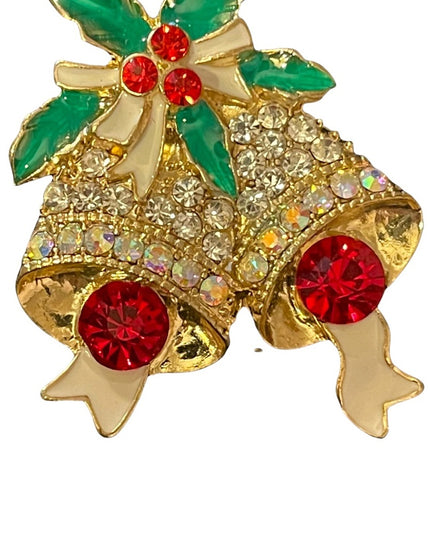 Gold Enameled crystal rhinestone bells christmas brooch