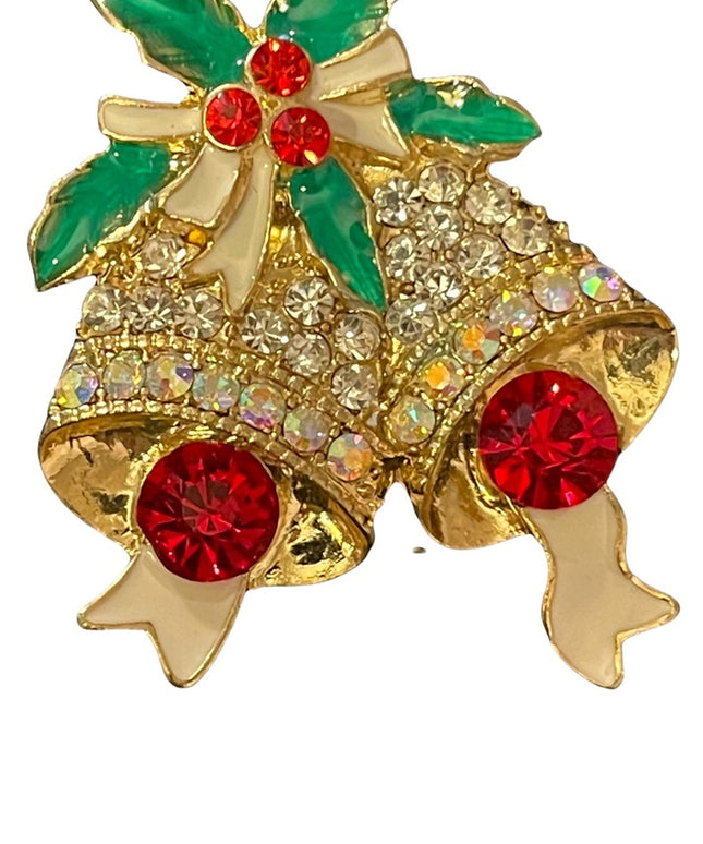 Gold Enameled crystal rhinestone bells christmas brooch