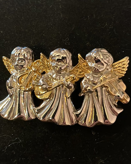 Gold & Silver fancy Angels angel playing strings Christmas brooch