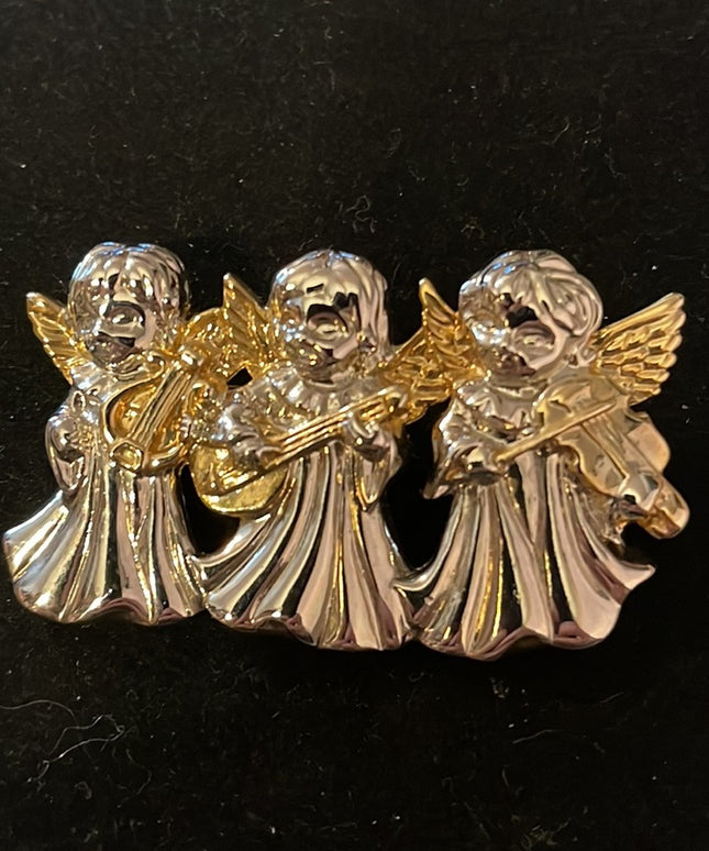 Gold & Silver fancy Angels angel playing strings Christmas brooch