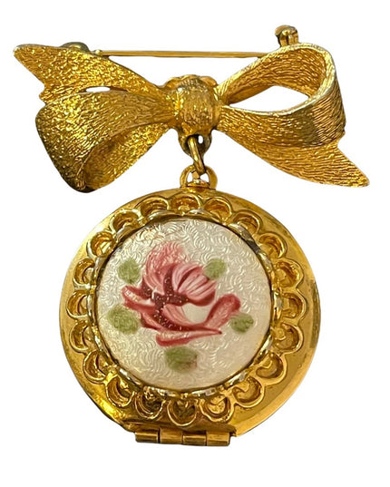 Vintage Ceramic painted flower guilloche Locket brooch gold
