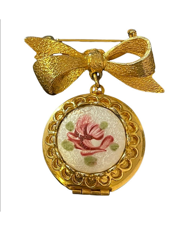 Vintage Ceramic painted flower guilloche Locket brooch gold