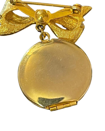 Vintage Ceramic painted flower guilloche Locket brooch gold