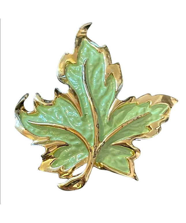 Vintage green enameled gold maple leaf  brooch