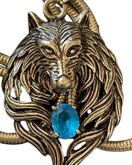 Wolf Pendant with blue crystal snake chain necklace costume