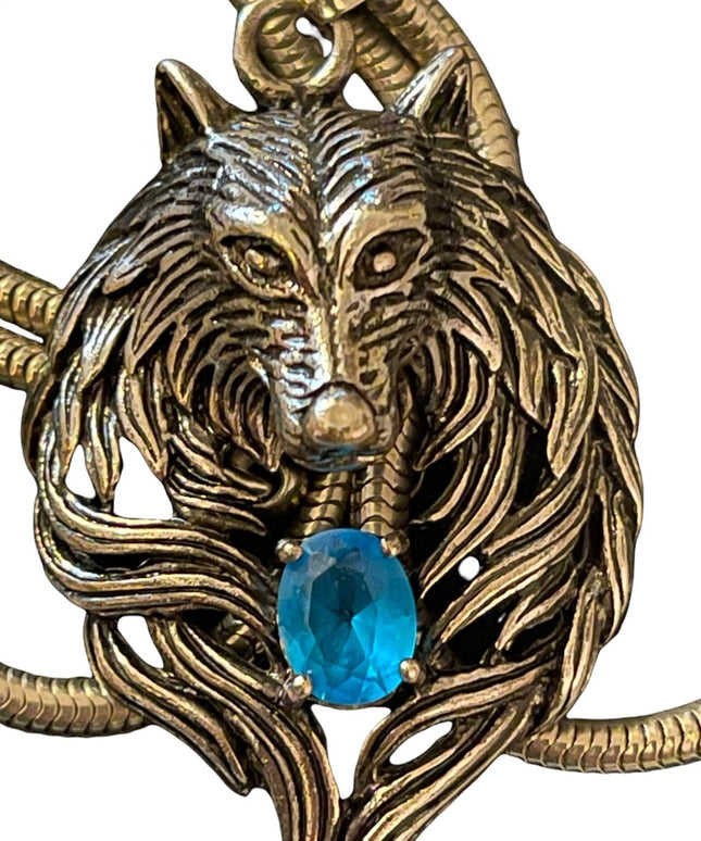 Wolf Pendant with blue crystal snake chain necklace costume