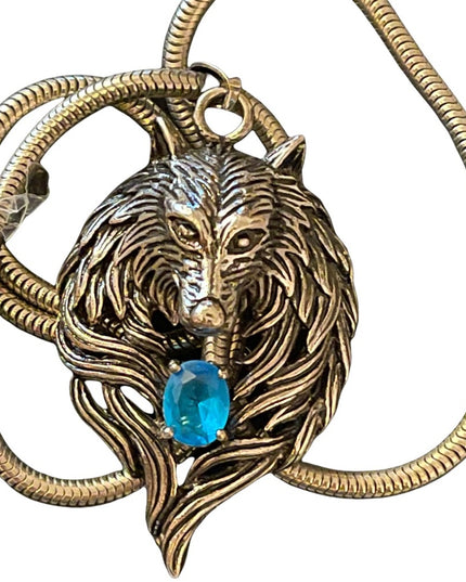 Wolf Pendant with blue crystal snake chain necklace costume