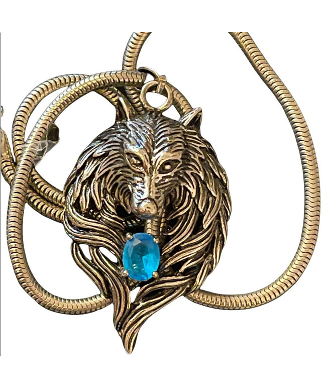 Wolf Pendant with blue crystal snake chain necklace costume