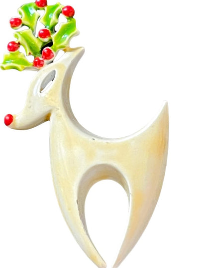 Vintage Reindeer white enamel reindeer brooch