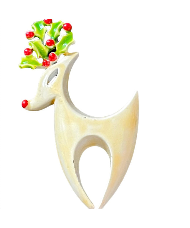 Vintage Reindeer white enamel reindeer brooch