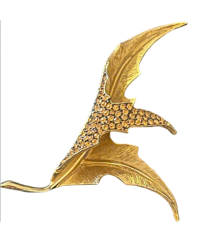 Vintage LEC Boucher Leaf crystal rhinestone brushed gold brooch