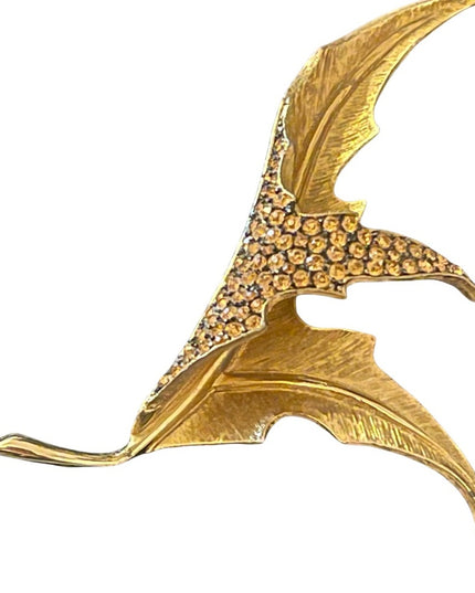 Vintage LEC Boucher Leaf crystal rhinestone brushed gold brooch