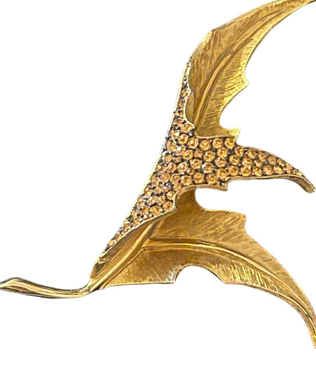 Vintage LEC Boucher Leaf crystal rhinestone brushed gold brooch