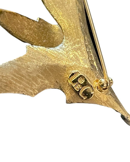 Vintage LEC Boucher Leaf crystal rhinestone brushed gold brooch