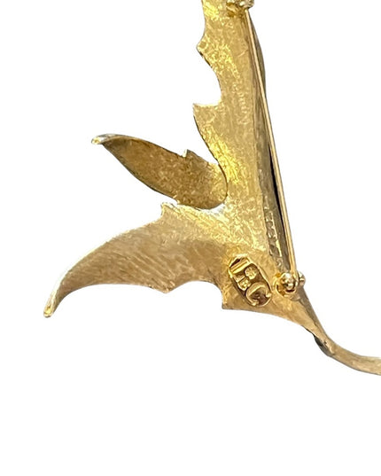Vintage LEC Boucher Leaf crystal rhinestone brushed gold brooch