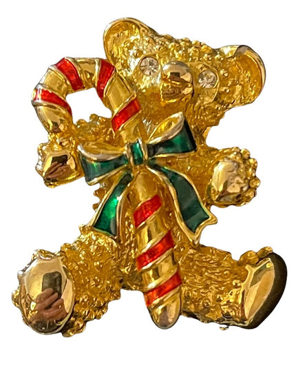 Gold enamel Thinestone teddy bear with candy cane brooch christmas