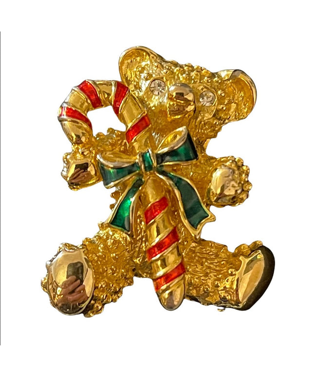 Gold enamel Thinestone teddy bear with candy cane brooch christmas