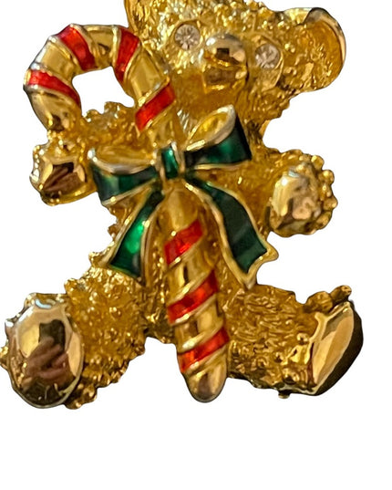 Gold enamel Thinestone teddy bear with candy cane brooch christmas