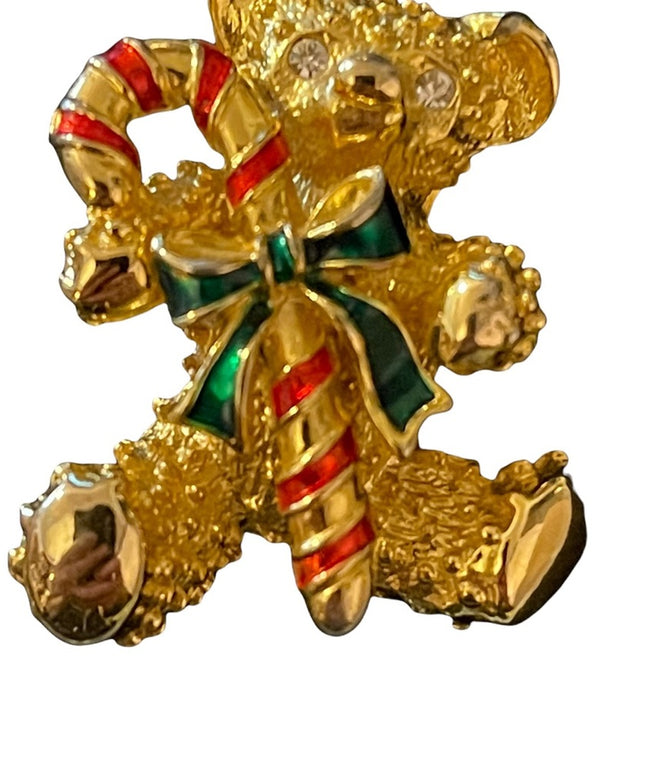 Gold enamel Thinestone teddy bear with candy cane brooch christmas