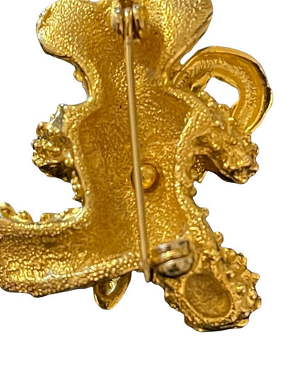 Gold enamel Thinestone teddy bear with candy cane brooch christmas