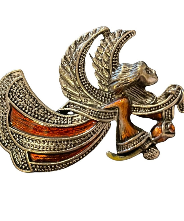 Vintage silver tone enamel angel brooch christmas
