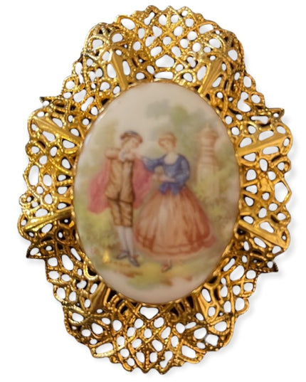 Vintage gold filagree ceramic victorian scene LARGE cameo brooch