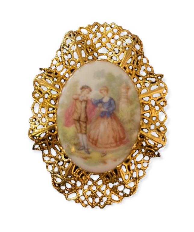 Vintage gold filagree ceramic victorian scene LARGE cameo brooch