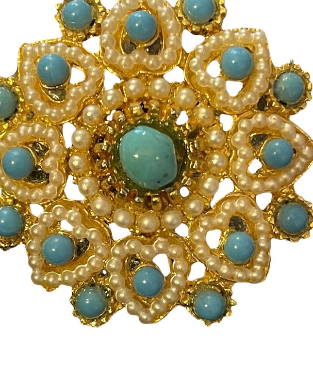 vintage turquois color bead with faux pearl gold ornate majestic brooch
