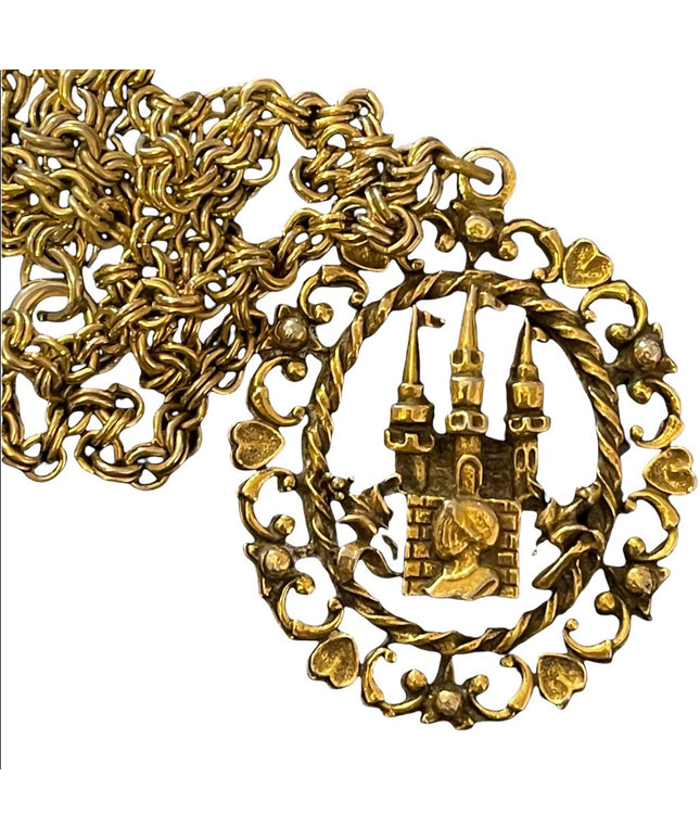 Vintage fine Coro Castle & knight magestic pendant necklace fancy ornate gold