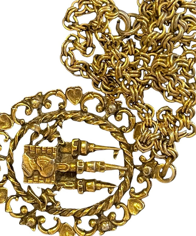 Vintage fine Coro Castle & knight magestic pendant necklace fancy ornate gold
