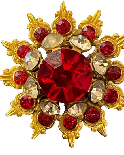 Vintage gold ruby red clear crystal starburst brooch fancy etched gold