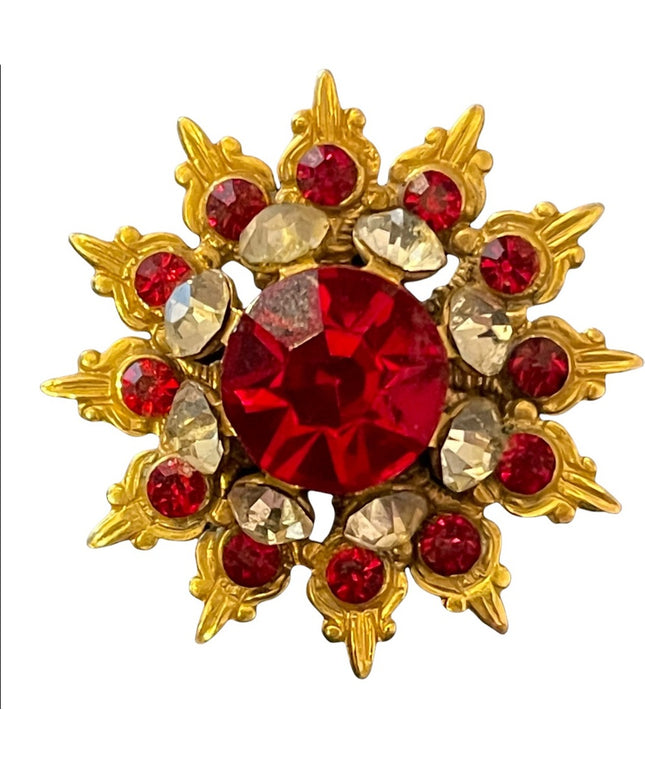 Vintage gold ruby red clear crystal starburst brooch fancy etched gold