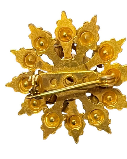 Vintage gold ruby red clear crystal starburst brooch fancy etched gold