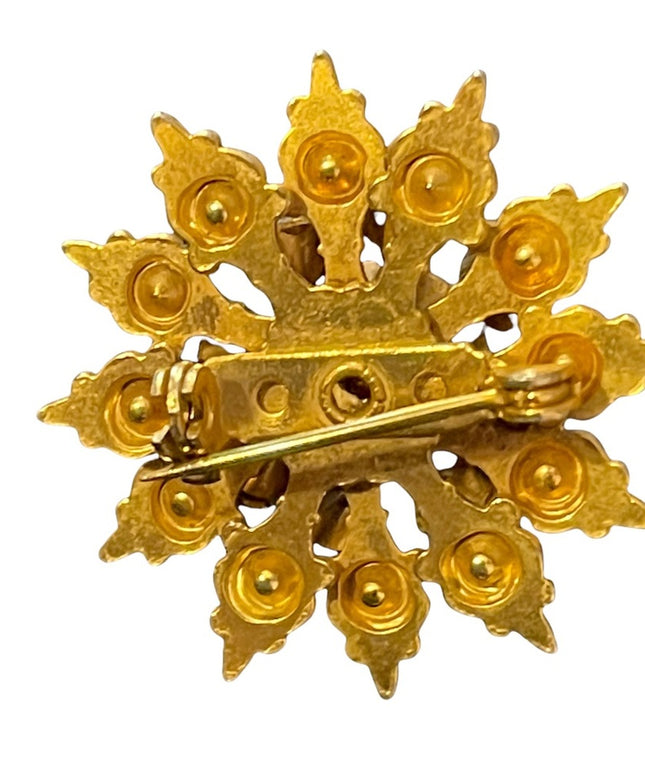 Vintage gold ruby red clear crystal starburst brooch fancy etched gold