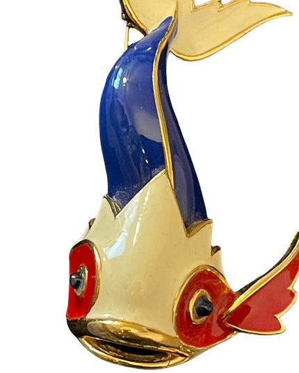 Stunny playful nautical color red white blue gold crystal eyes fish brooch