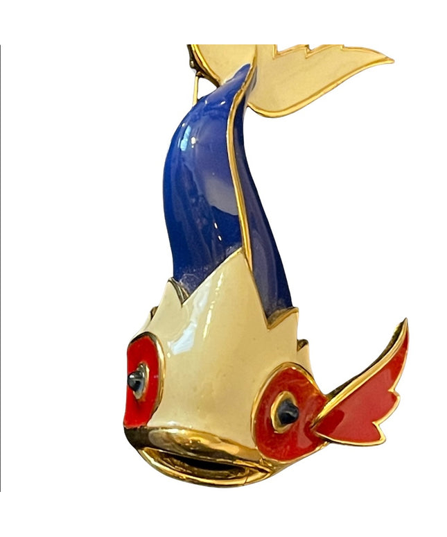 Stunny playful nautical color red white blue gold crystal eyes fish brooch