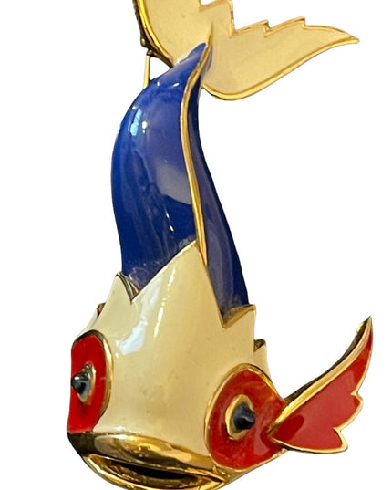 Stunny playful nautical color red white blue gold crystal eyes fish brooch