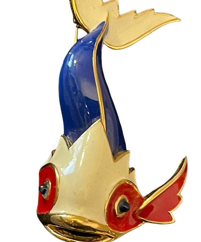 Stunny playful nautical color red white blue gold crystal eyes fish brooch