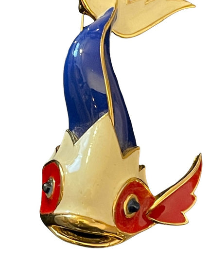Stunny playful nautical color red white blue gold crystal eyes fish brooch