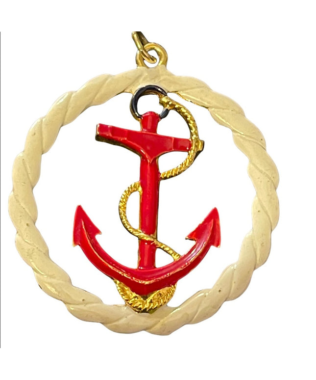 Vintage CORO ships anchor red white necklace pendant gold finish nautical
