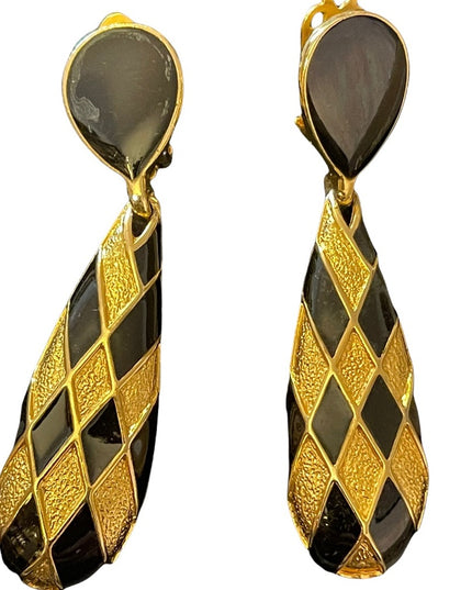Fancy ornate gold finiah with black enamel dangle earrings clip ons