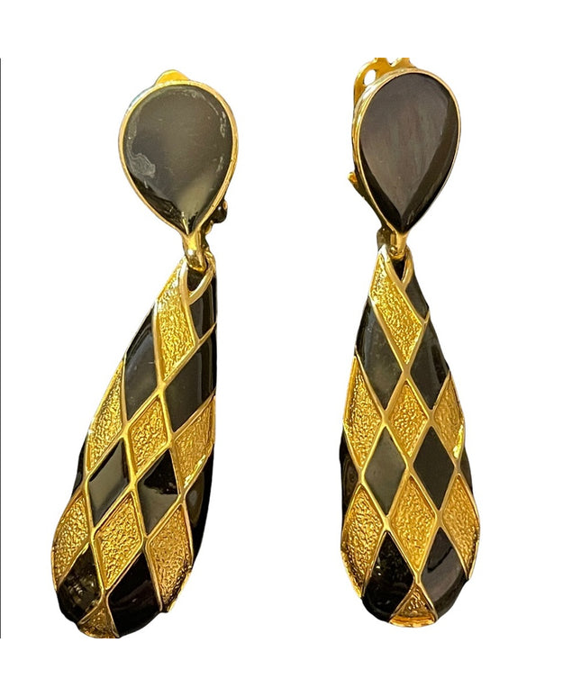 Fancy ornate gold finiah with black enamel dangle earrings clip ons
