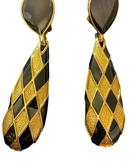 Fancy ornate gold finiah with black enamel dangle earrings clip ons