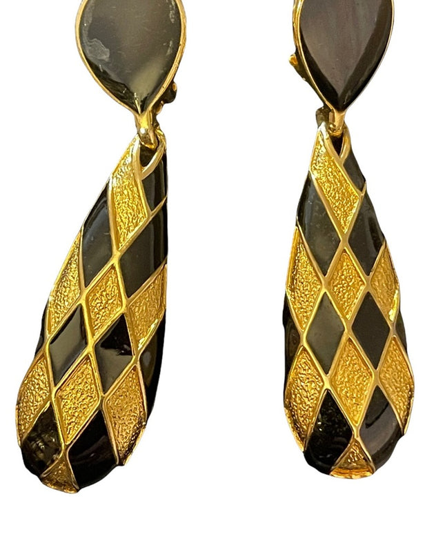 Fancy ornate gold finiah with black enamel dangle earrings clip ons