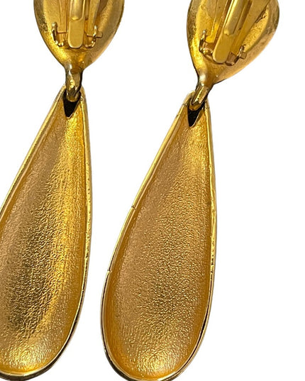Fancy ornate gold finiah with black enamel dangle earrings clip ons