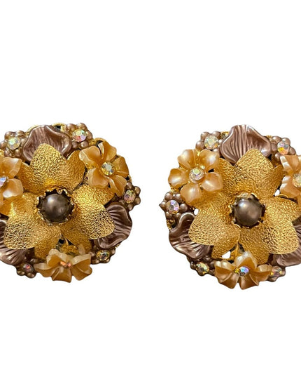 Beau jewels Fancy ornate flower crystal gold finish clip on earrings