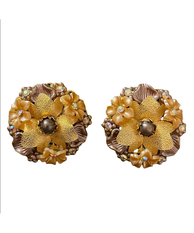 Beau jewels Fancy ornate flower crystal gold finish clip on earrings